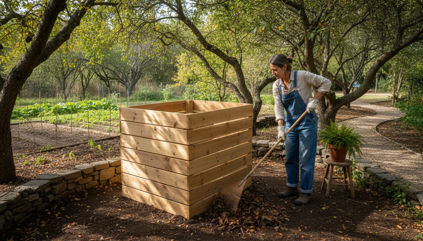 A wooden compost bin sits in a partially shaded backyard corner, with a person raking leaves nearby.