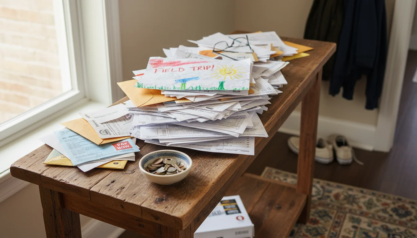 A wooden console table in a hallway piled with daily mail, a child's school paper, financial statements, and medical records.
