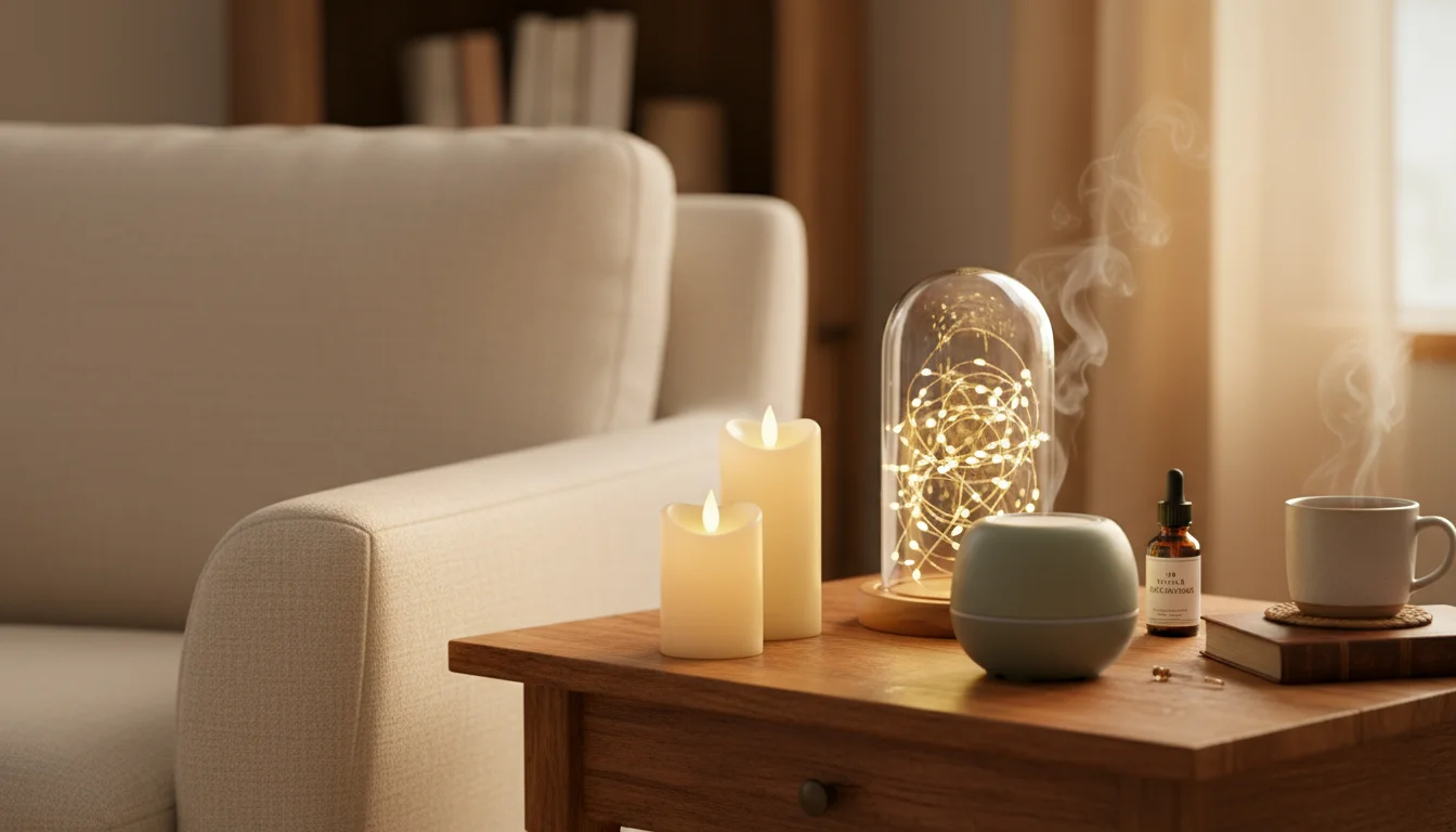 A wooden side table holds realistic LED pillar candles, a glass cloche with fairy lights, and a glowing ceramic diffuser next to an armchair.
