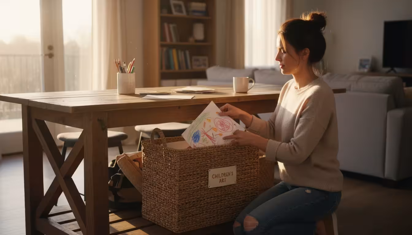 A working mom places a child's drawing into a decorative bin on a tidy console table, with a weekly calendar visible nearby.