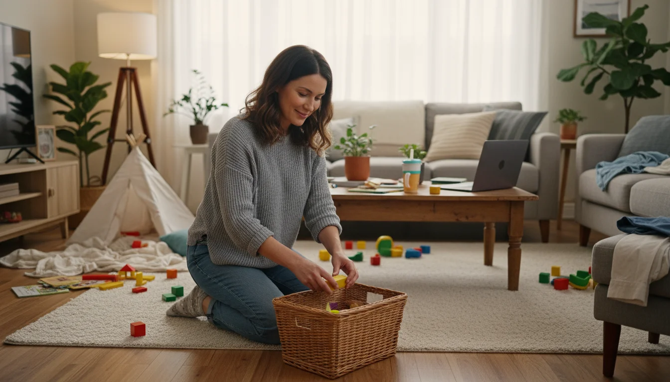 A working mom gently places a children's block into a woven basket in her lived-in living room, emphasizing small, consistent progress.