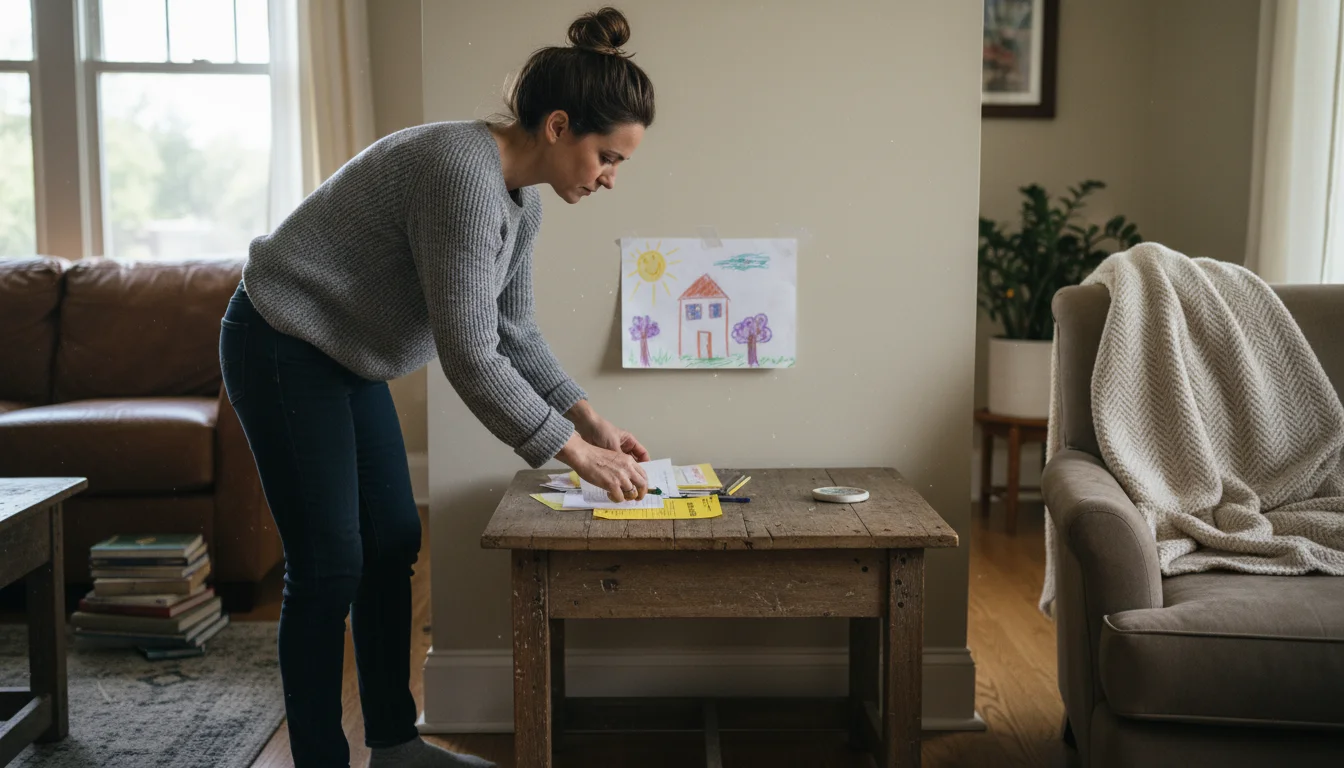 A working mom quickly sorts papers on an end table in a cozy living room, with a child's drawing visible and a blanket on the sofa.