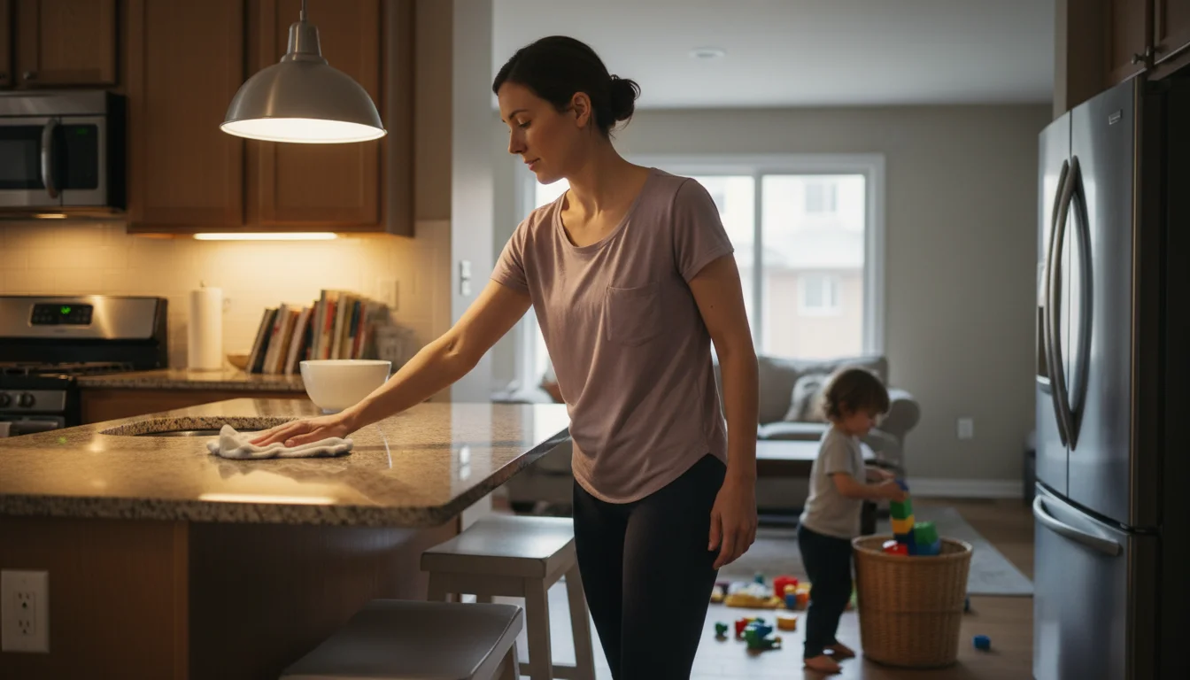 A working mom quickly wipes kitchen counters while her child puts away a toy in the background, a routine evening tidy-up.