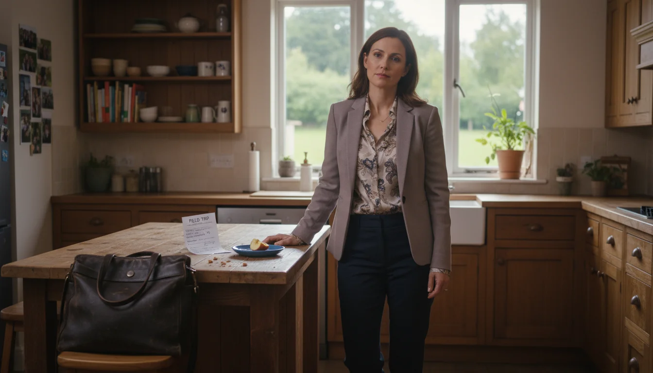 A working mother in her late 30s leans thoughtfully on a kitchen island with a child's snack, school papers, and a grocery list.