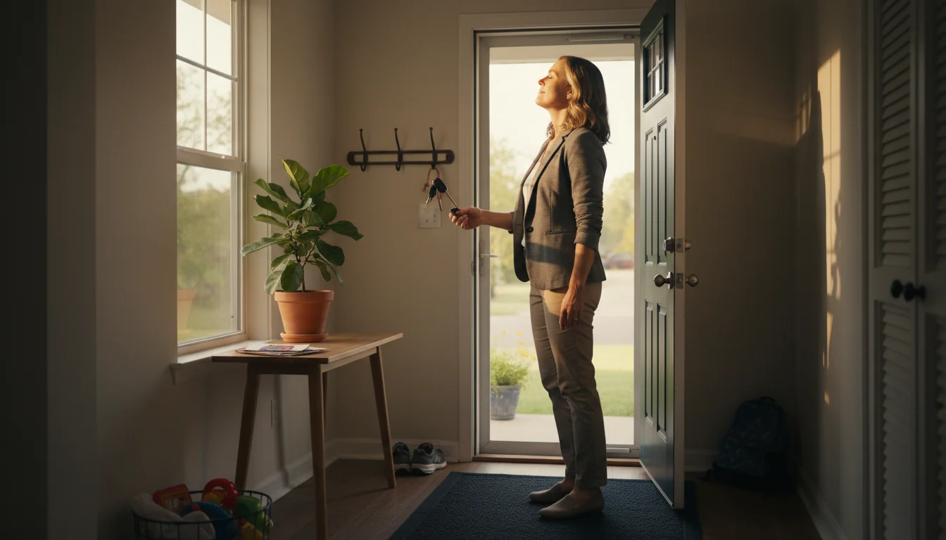 Working mother pauses in her tidy, warm-lit entryway after work, taking a deep breath and smiling with relief.