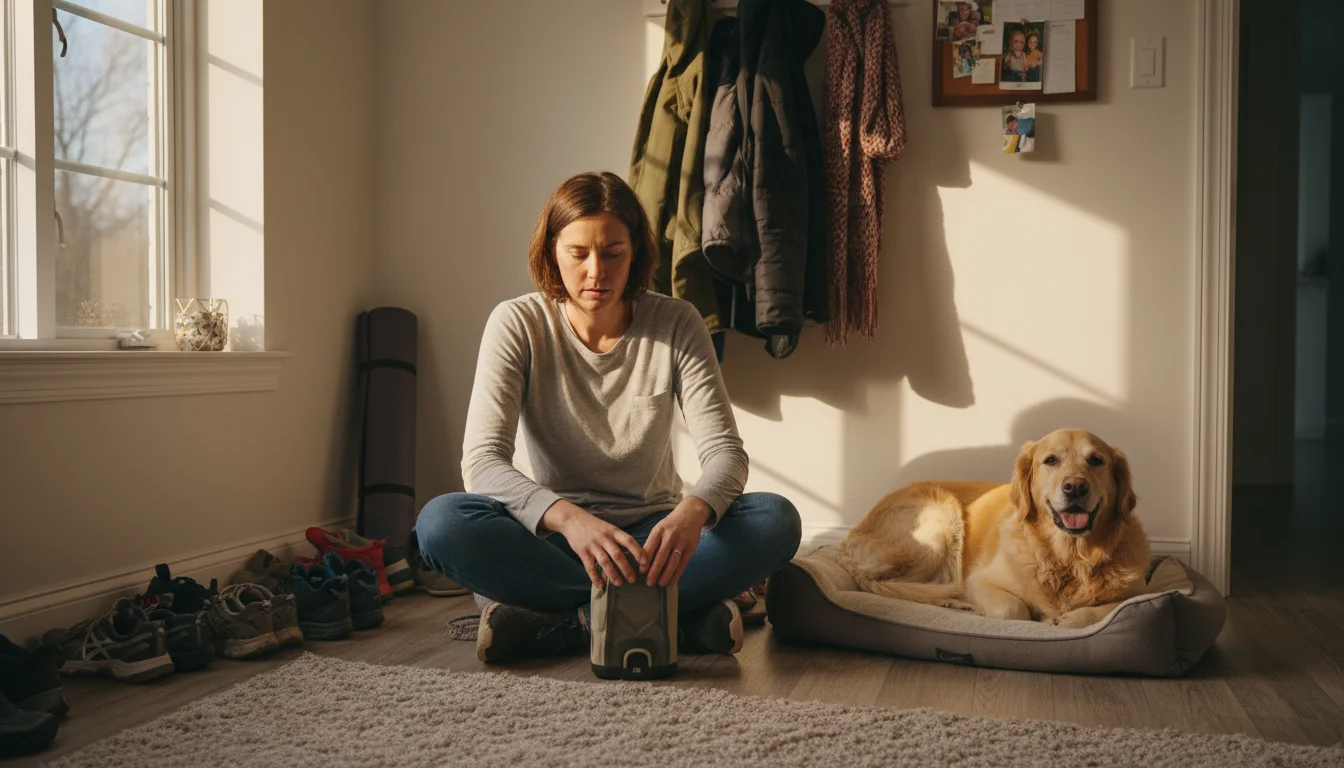 A working parent quickly hangs a backpack and sorts mail on a simple entryway console, shoes in a basket below, showing a daily reset.