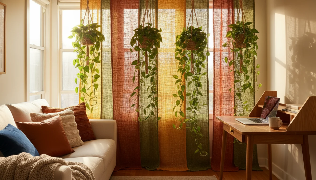 Woven fabric and plant room divider separating a plush sofa and a wooden desk in a bright, organized studio.