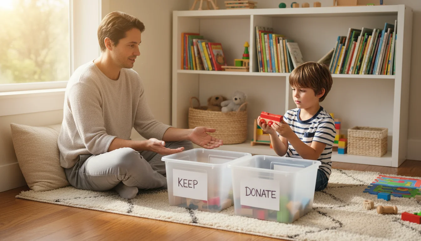 An 8-year-old child and parent on a rug in a sunny playroom, sorting toys into labeled 