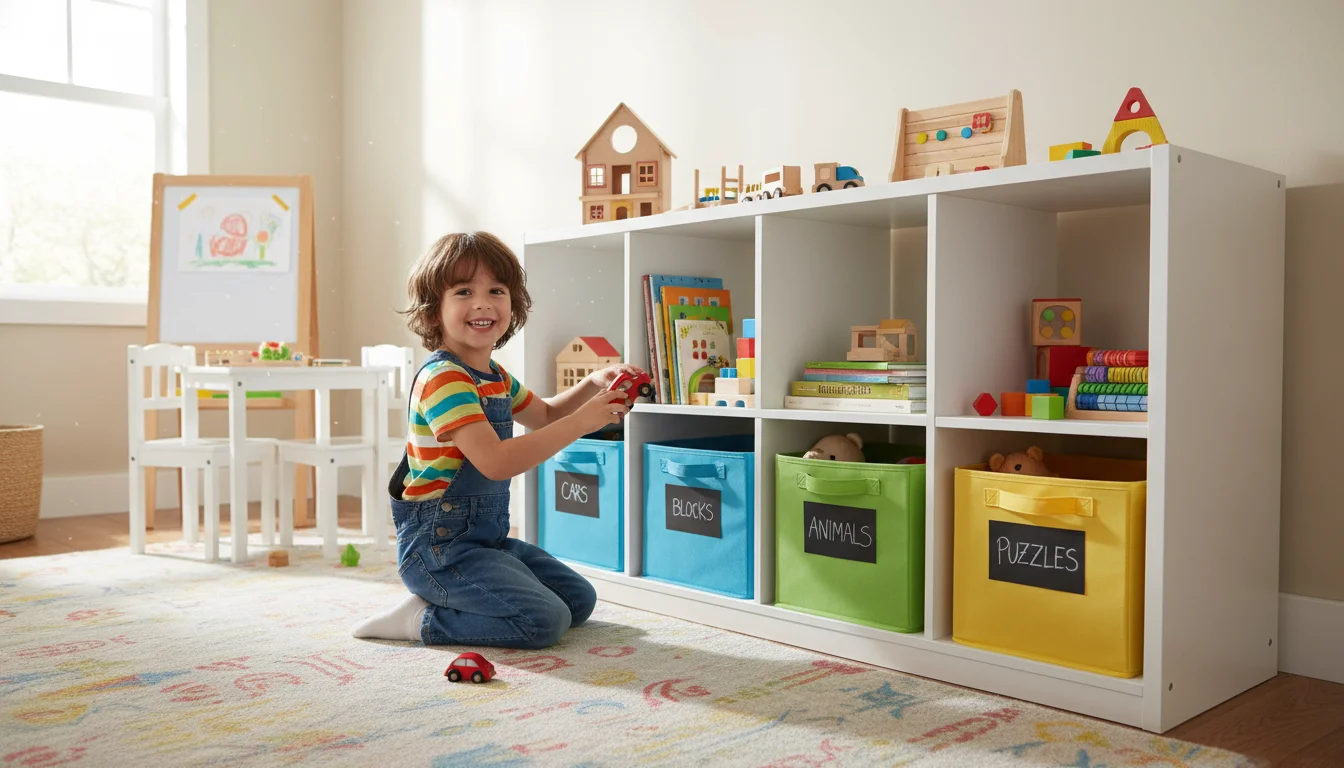 A 5-year-old child puts a toy car into a fabric bin on a sturdy modular toy shelf in a brightly lit, organized bedroom.