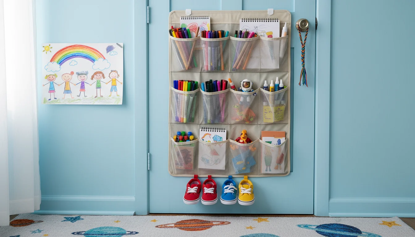 A 7-year-old child reaches into a fabric over-the-door organizer on a bedroom door, filled with shoes, toys, and art supplies.