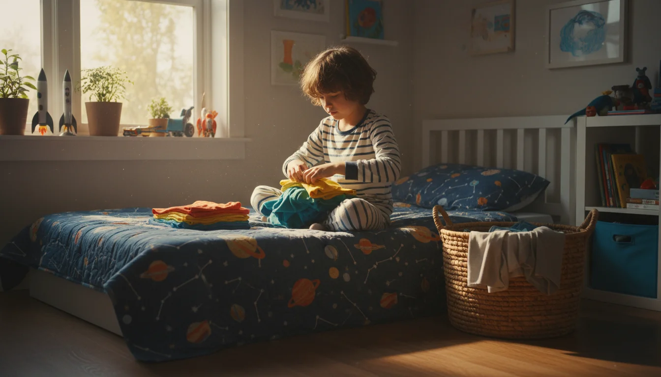 An 8-year-old child sits cross-legged on a bed, focused on folding colorful t-shirts from a wicker laundry basket in a softly lit bedroom.