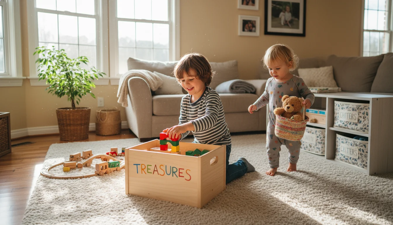 Slightly elevated view of a 7-year-old putting blocks into a wooden toy chest and a 4-year-old carrying a basket with a stuffed animal towards cubbies