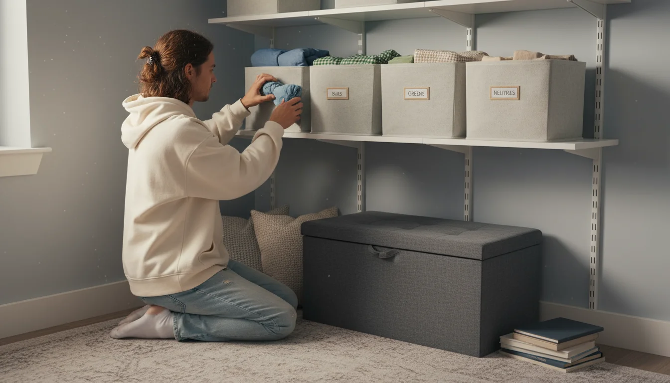 A young adult kneels by open shelves and a storage bench, placing a folded sheet into a fabric bin in a small bedroom.