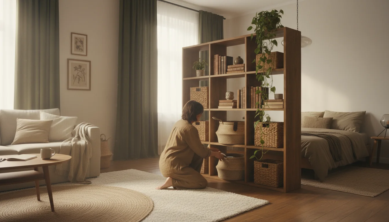 A young adult kneels on a rug, reaching into a basket on a wooden shelving unit dividing a studio apartment, with a partially open dark green curtain 