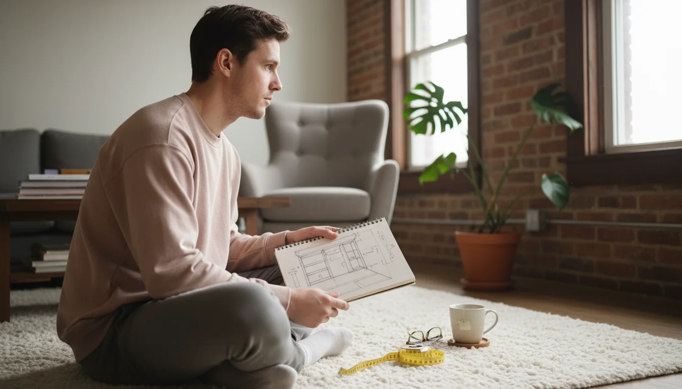 A young adult sits on the floor of a studio apartment, looking at a notebook with a sketch, a tape measure nearby.