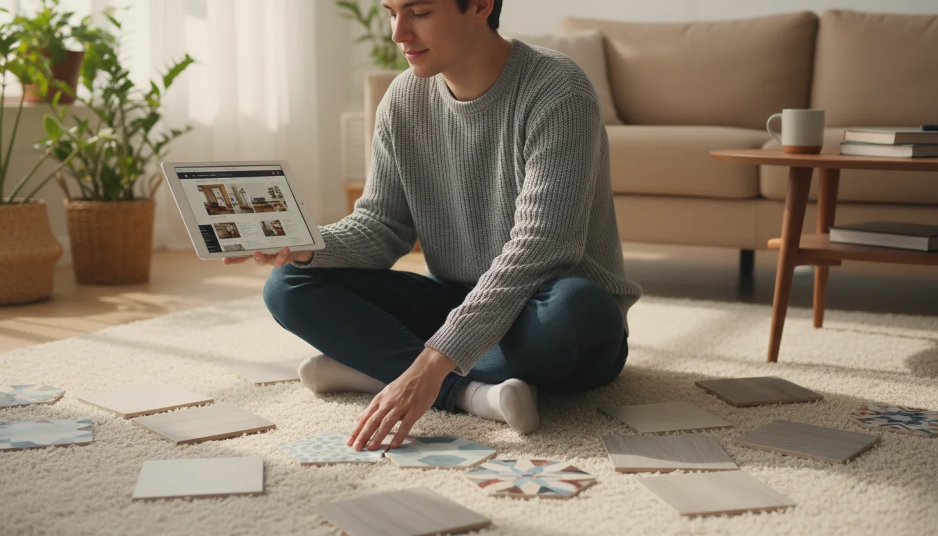 A young adult sits on a living room floor, looking at a tablet with one hand and touching peel-and-stick tile samples with the other.