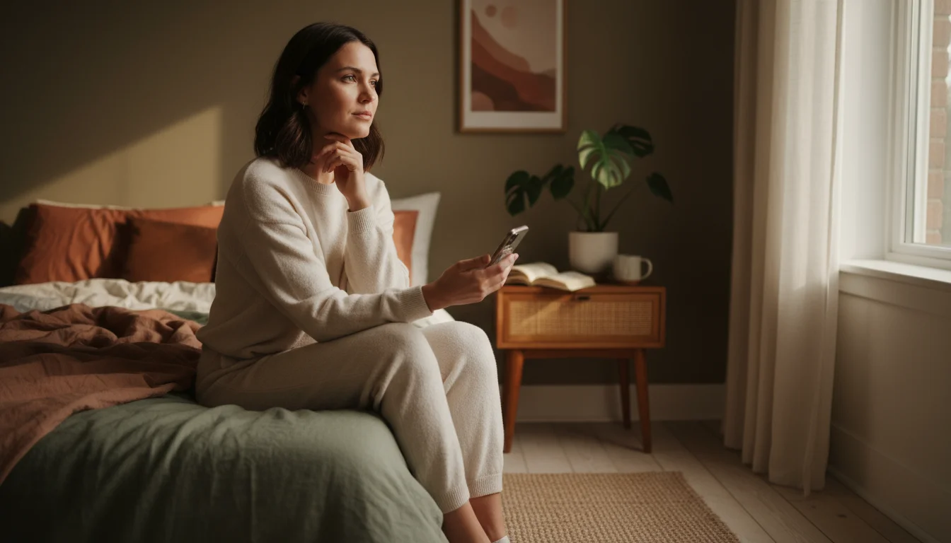 A young adult in soft loungewear sits on the edge of a neatly made bed in a cozy bedroom, looking thoughtfully at their phone. Neutral tones dominate 