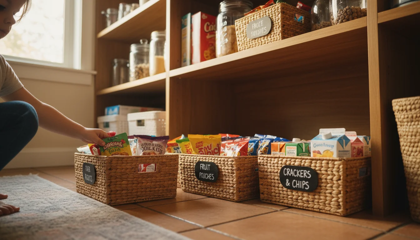 A young child's hand reaches into a low-level, open woven basket holding fruit pouches and snack bags in an organized pantry.
