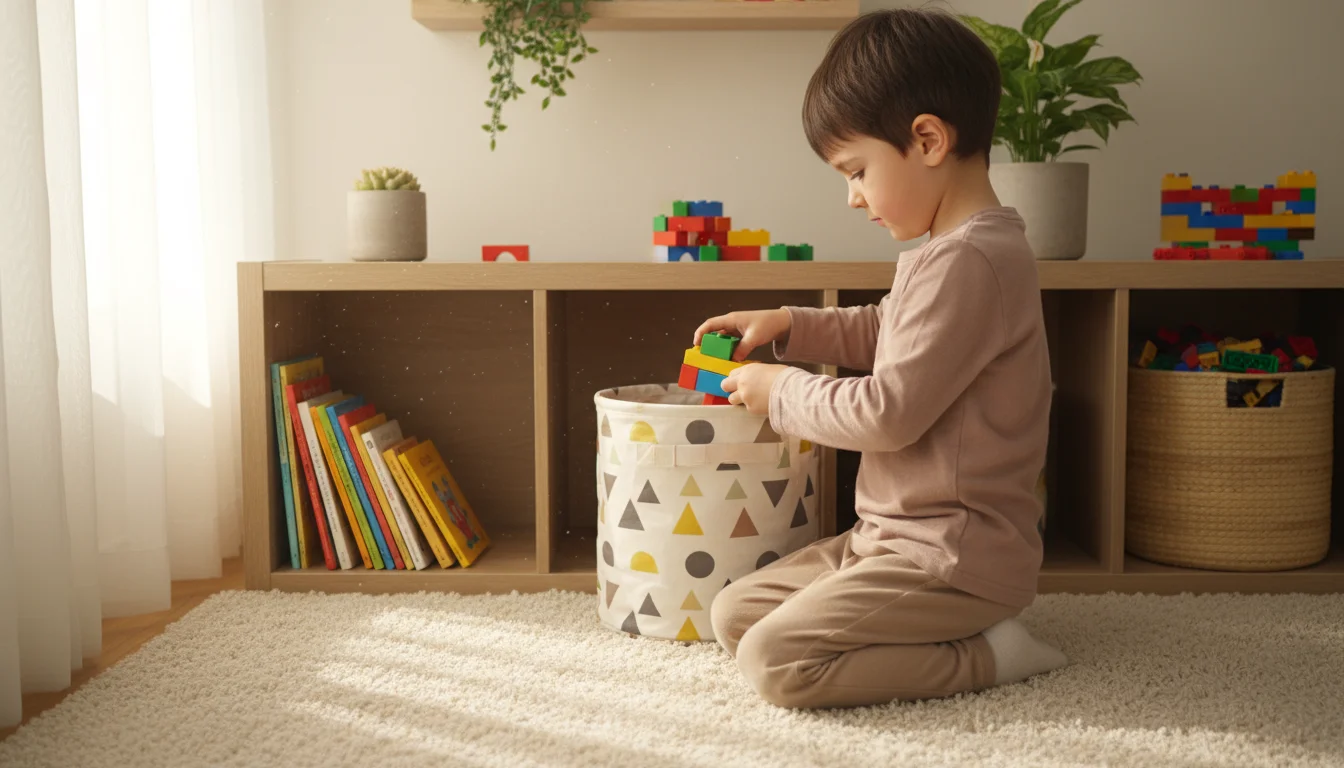 A young child kneeling to put a colorful block into a fabric bin within a light wood modular cube organizer in a cozy, sunlit room.