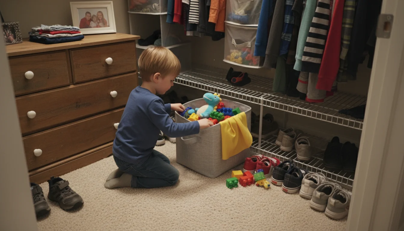 A young child kneels, pulling a light gray fabric storage cube from a wire shelf in a family closet, next to clear plastic drawers.