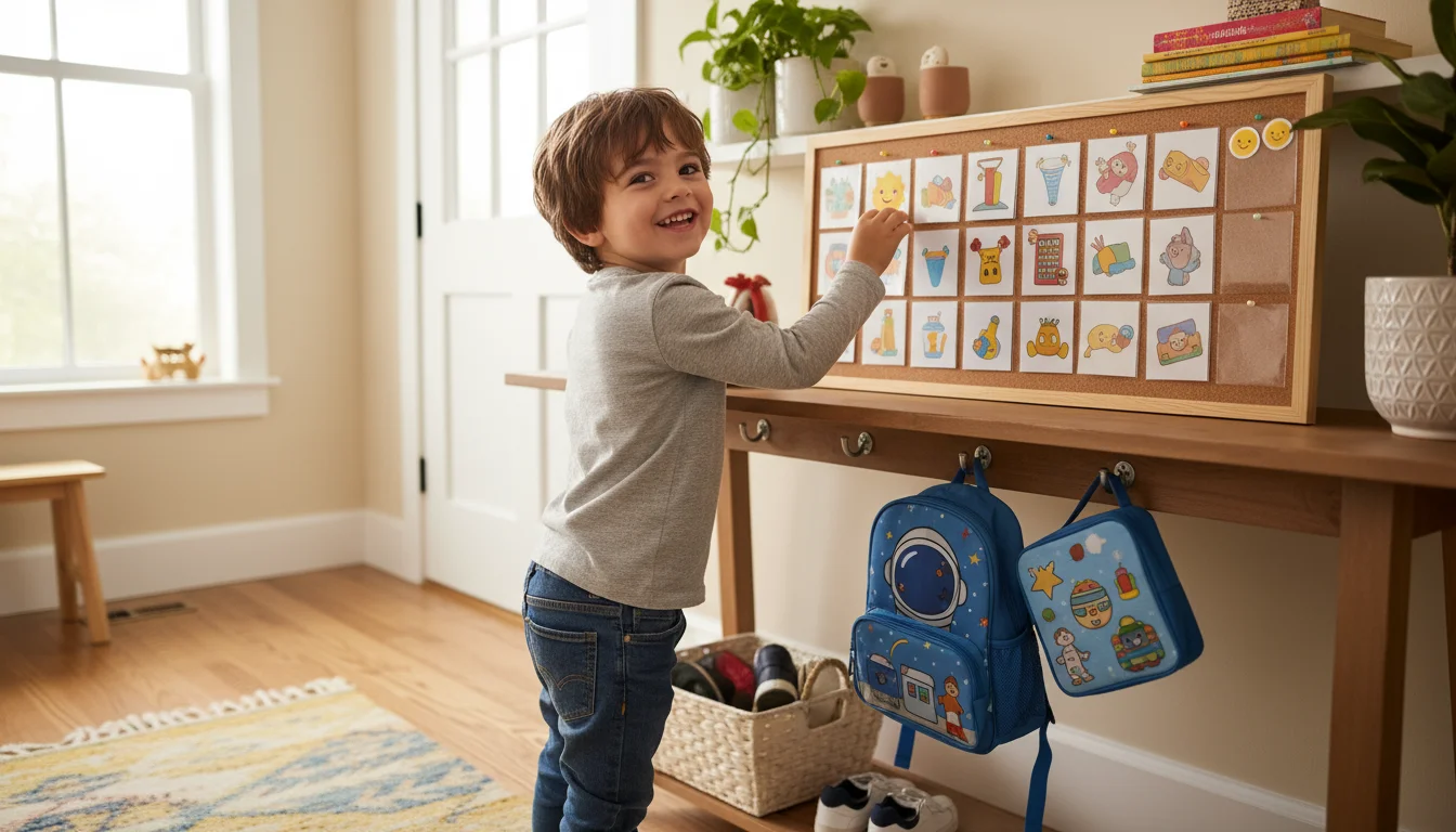 A young child places a sticker on a visual chore chart at a low-level family command center, with a backpack and artwork visible.