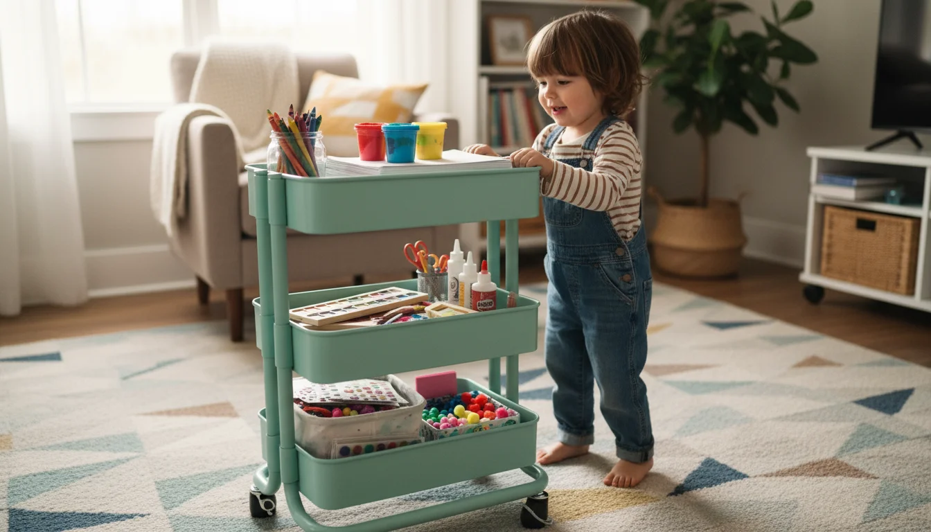 A young child pushes a mint-green, three-tiered rolling cart filled with art supplies and small toys across a living room rug.