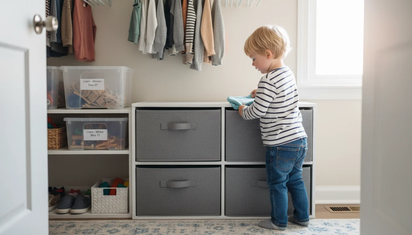 A young child puts a shirt into a fabric drawer in a closet organized with labeled bins and kid-sized hangers.