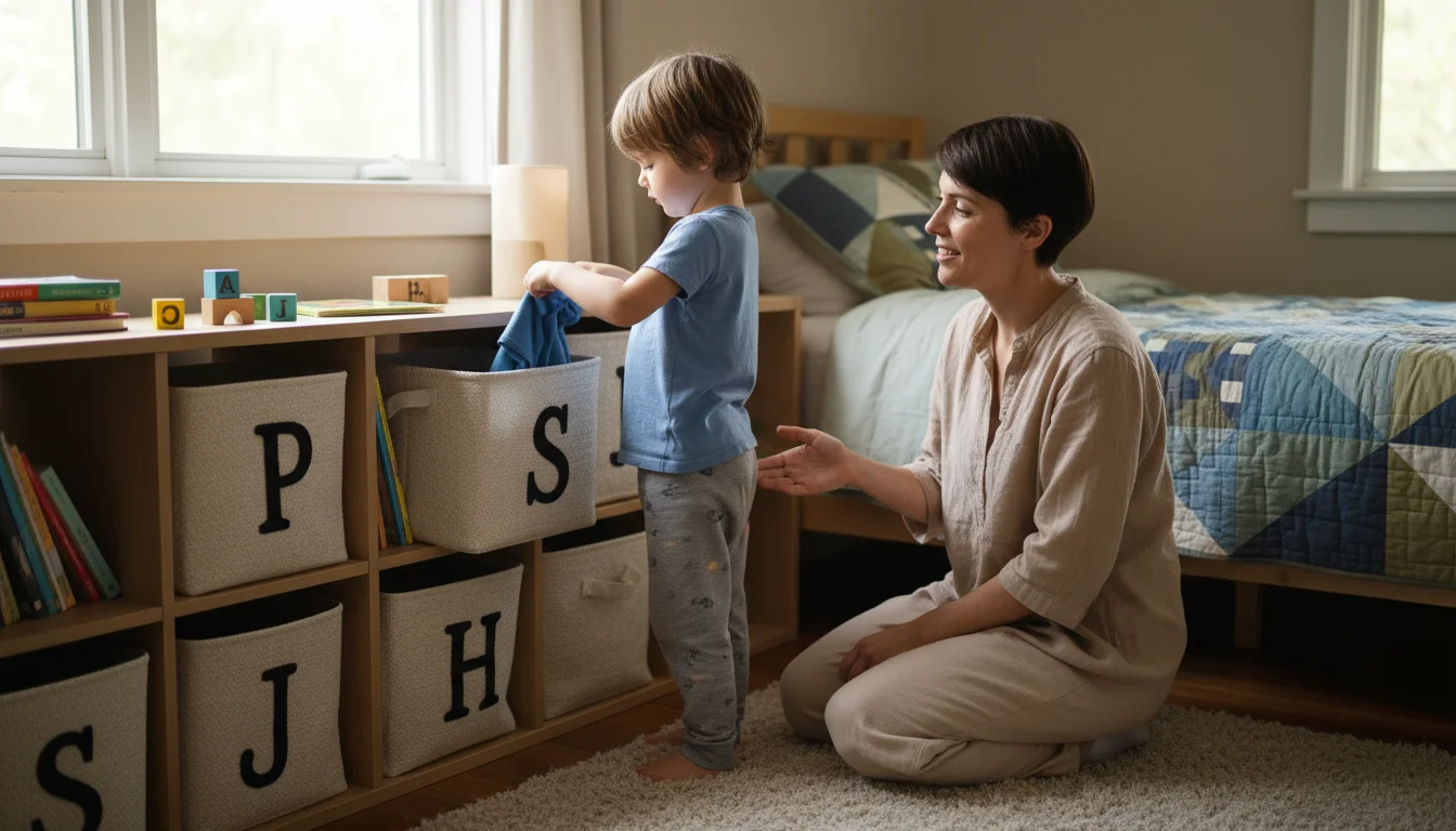 A young child reaches into a labeled fabric bin in a low cubby organizer, choosing clothes independently while a parent kneels beside them in a sunlit