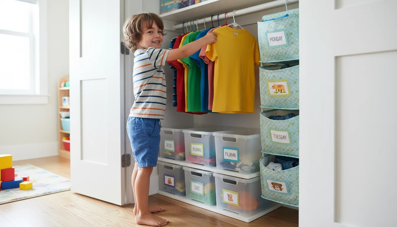A young child reaches for a t-shirt on a low rod in an organized closet with clear bins and outfit organizers.