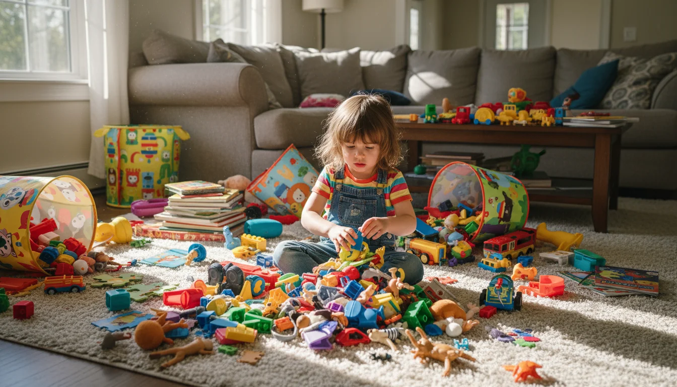 A young child sits on a living room rug, overwhelmed by a vast, colorful mess of toys scattered everywhere, spilling from overturned bins.