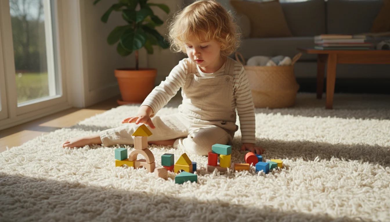 A young child sits on a plush cream wool rug, playing with wooden blocks. Soft morning light fills the cozy living room.