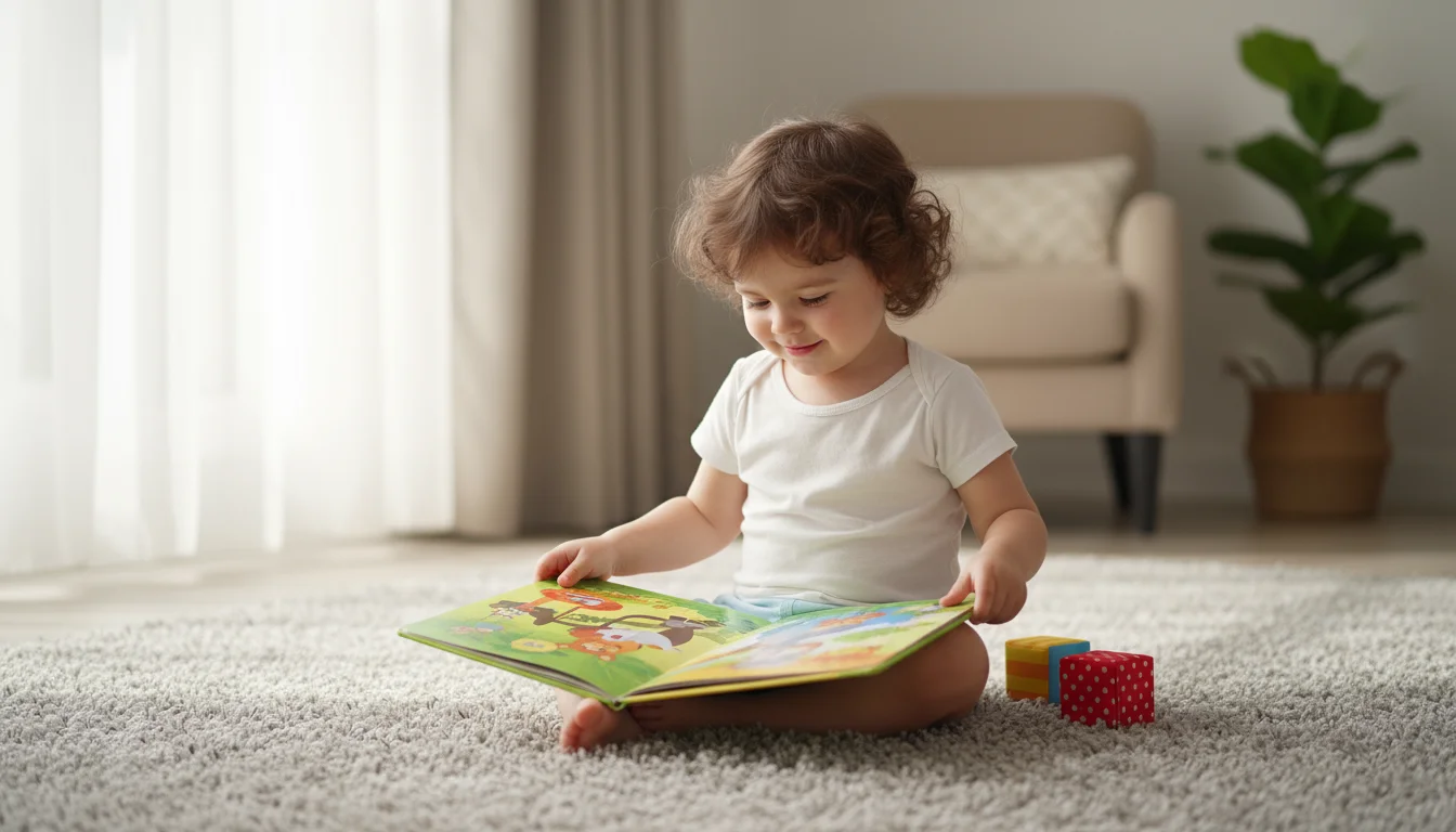 A young child sits on a plush grey carpet, looking at a picture book, with fabric blocks nearby.