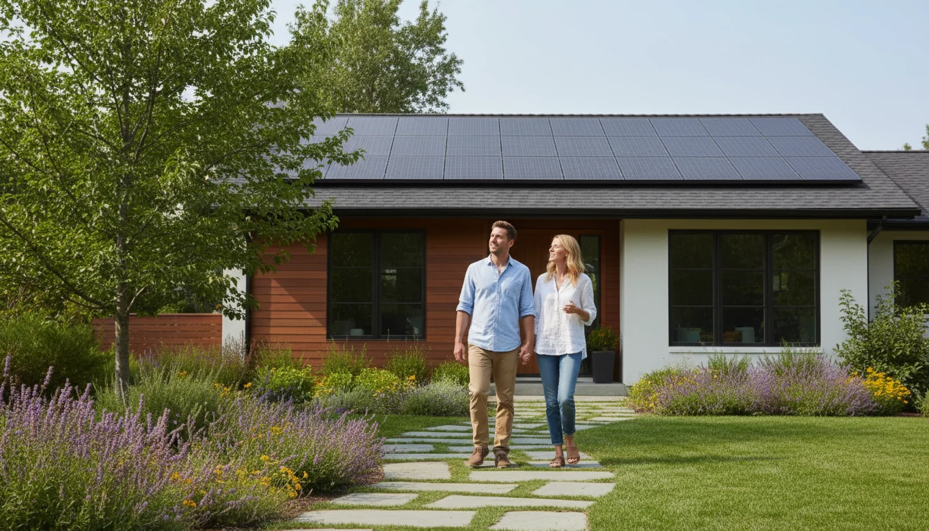 A young couple walks up a pathway toward a modern home with solar panels on the roof, looking up and discussing the house.