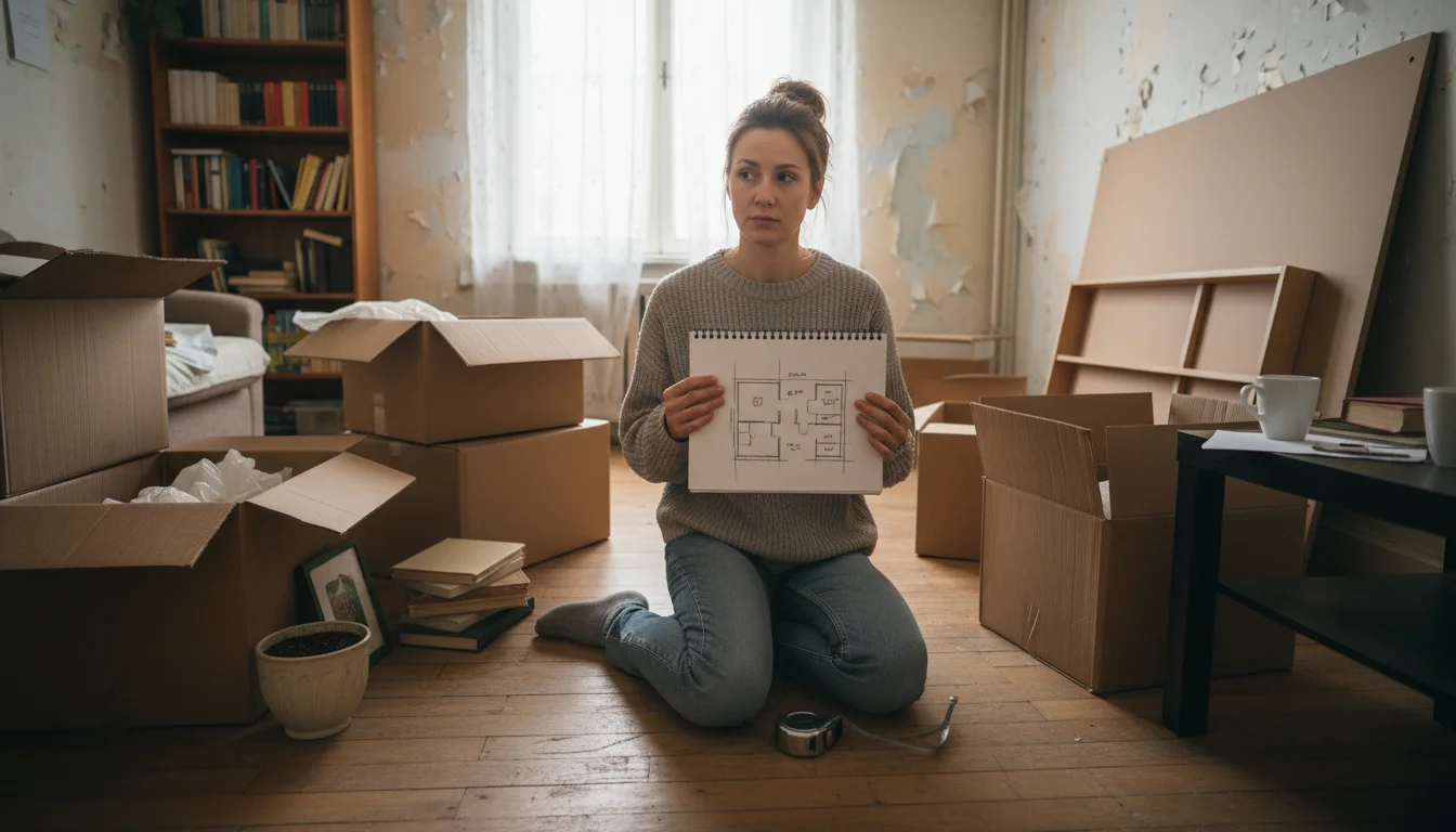 Young woman kneeling in a studio apartment, actively sorting belongings into boxes and sketching a floor plan on a notepad with a measuring tape nearb