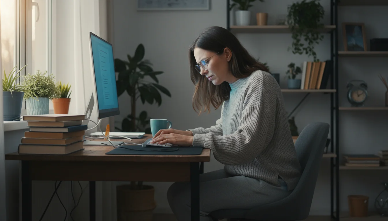 Eye-level shot of a young woman leaning forward at a home office desk, her shoulders hunched and wrists bent while typing.