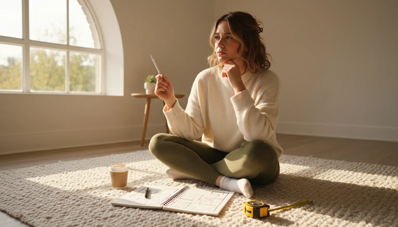 Young woman on a rug in her studio apartment, intently planning her layout with a notebook, pen, and measuring tape.