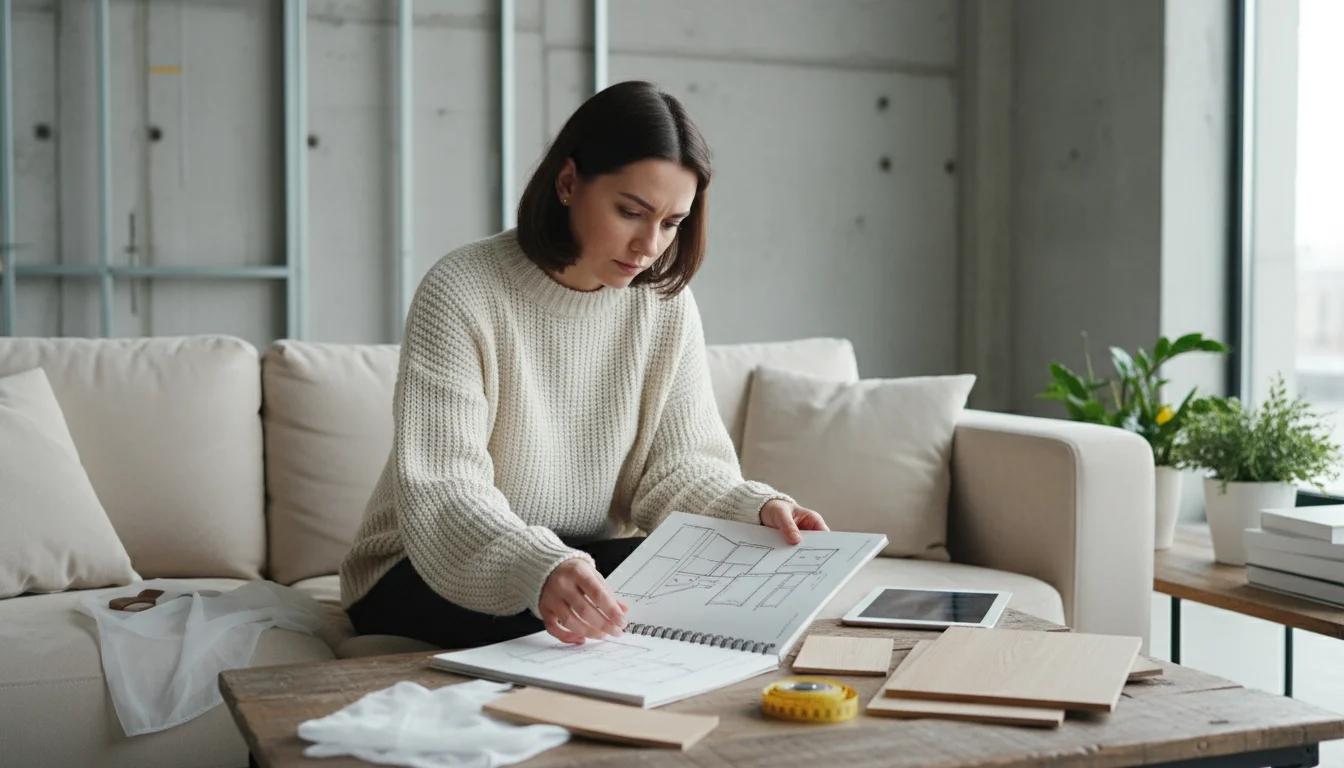 Young woman thoughtfully considering room divider options, surrounded by fabric swatches, wood samples, and a measuring tape on a sofa.