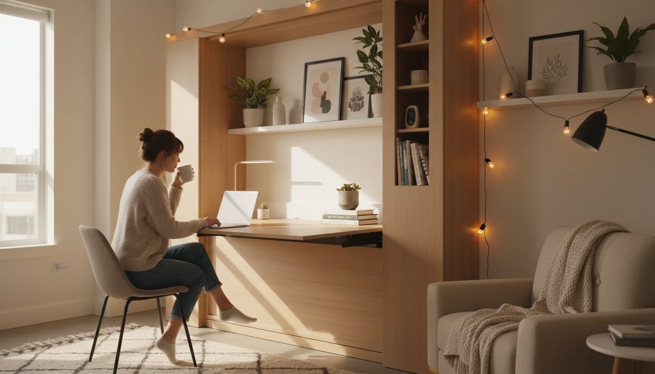 A young woman works at a pull-out desk integrated into a light-wood Murphy bed cabinet in a bright, cozy studio apartment.