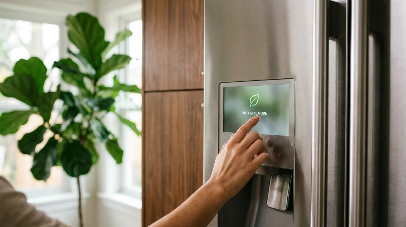 Close-up of a hand using a modern refrigerator interface with a visible energy-saving icon.