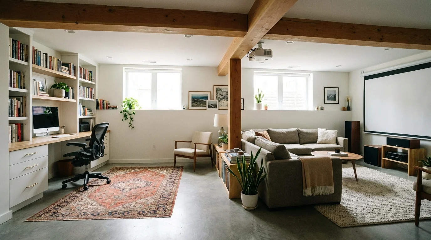 A basement divided into a neat office area and a comfortable TV lounge using furniture layout.