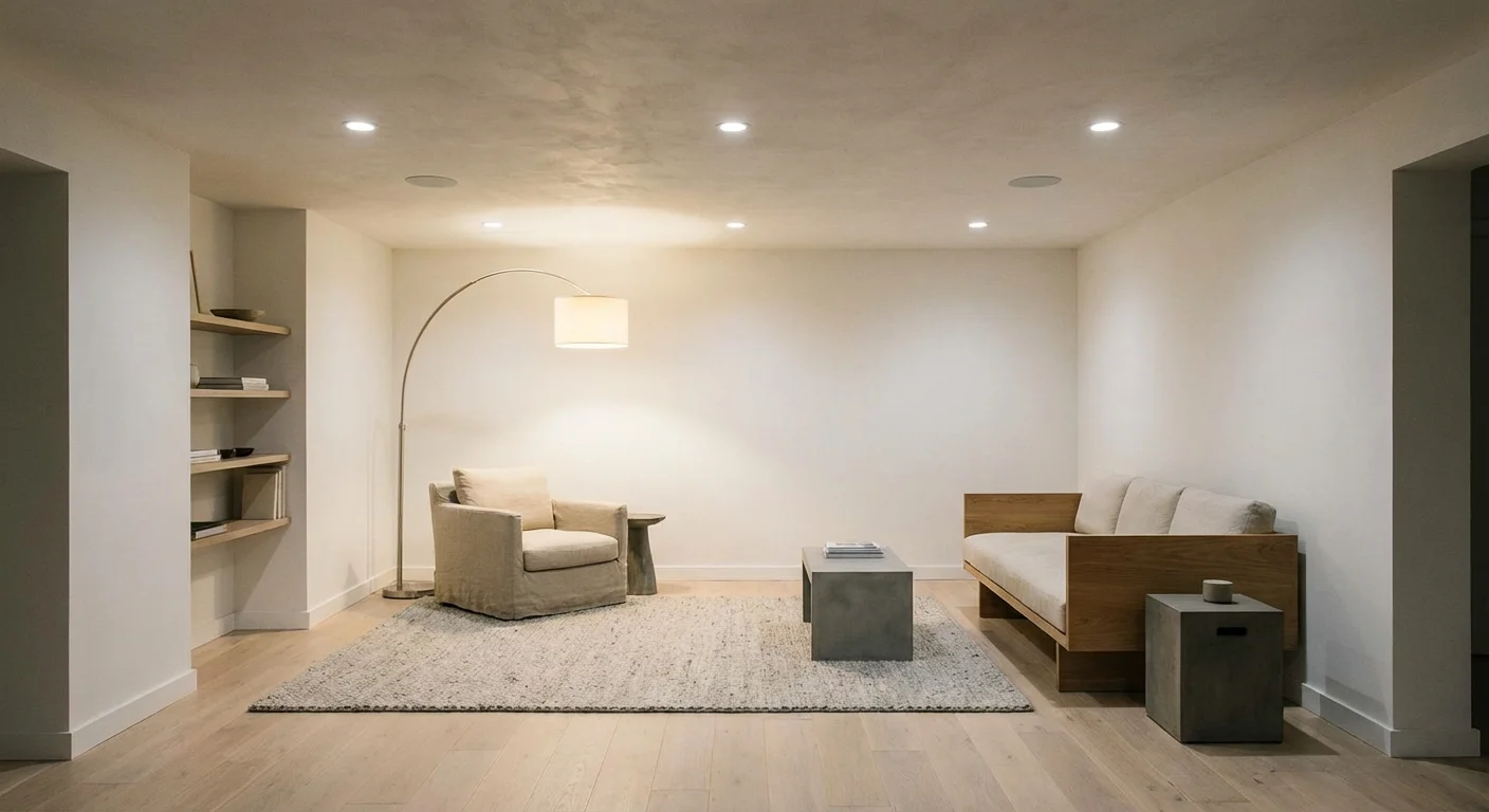 A basement room illuminated by a mix of warm floor lamps and recessed ceiling lights, creating a bright atmosphere.