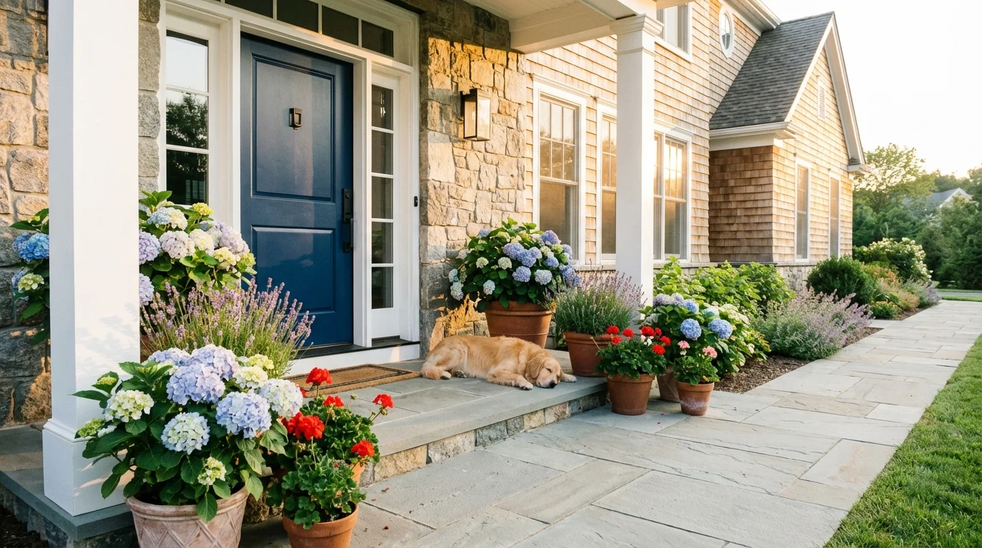 A beautiful home entrance with a navy blue door and warm lighting.