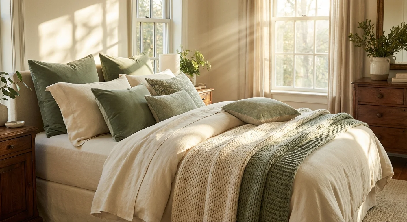 A beautifully layered bed with neutral linens and a green accent pillow in a sunlit room.