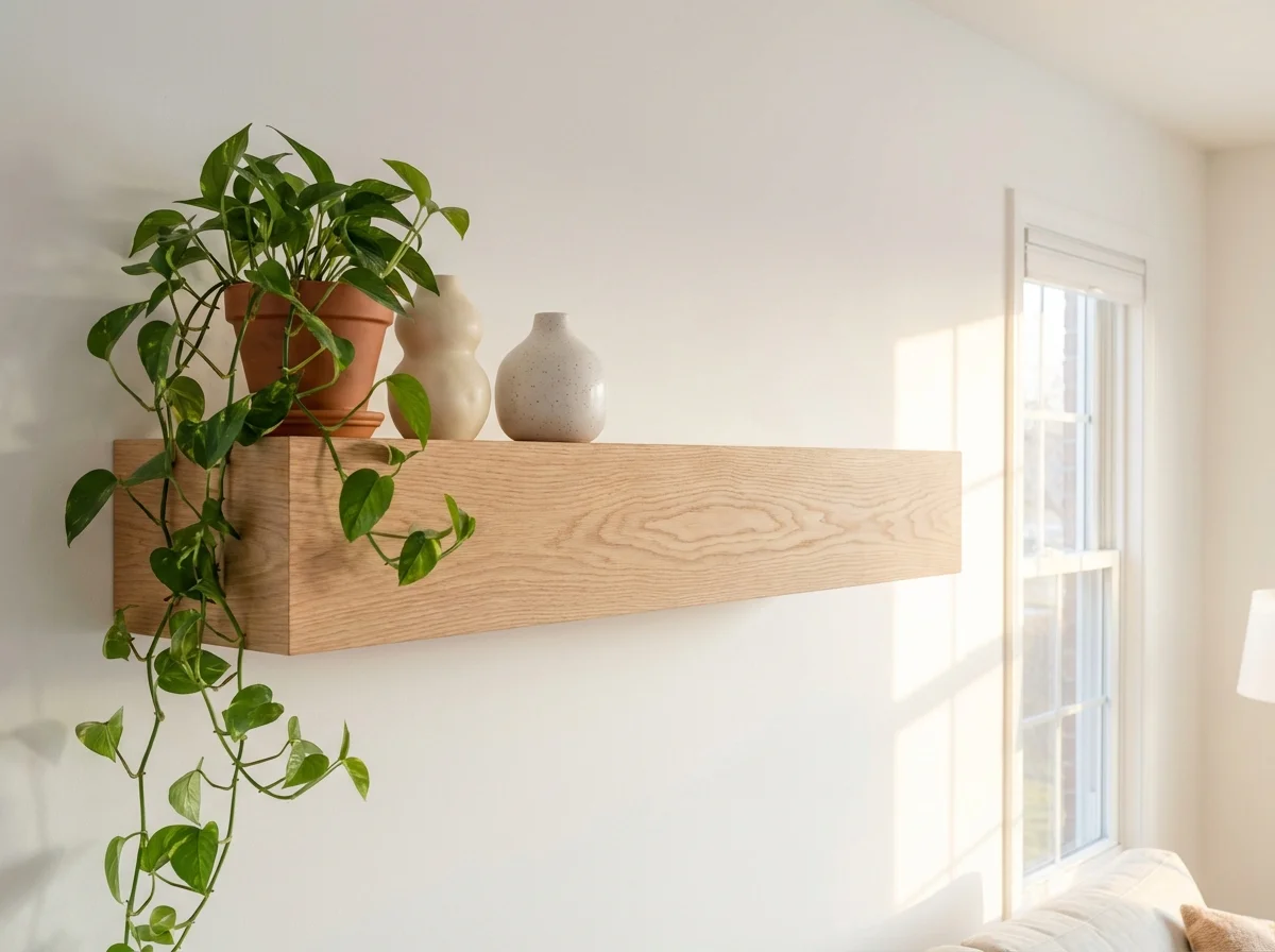 A beautifully styled oak floating shelf with a green plant and ceramics on a white wall.