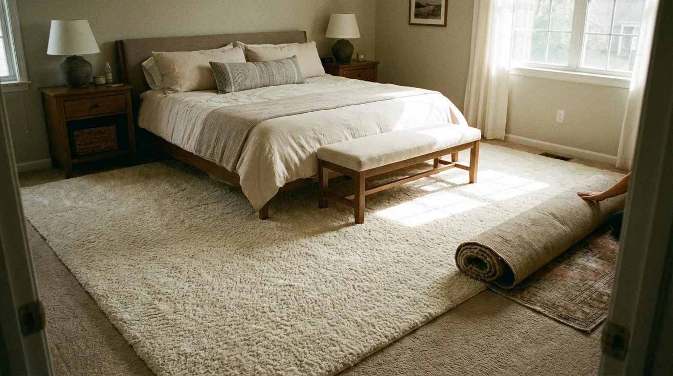 A bedroom showing a large rug correctly positioned under the bed to anchor the space.