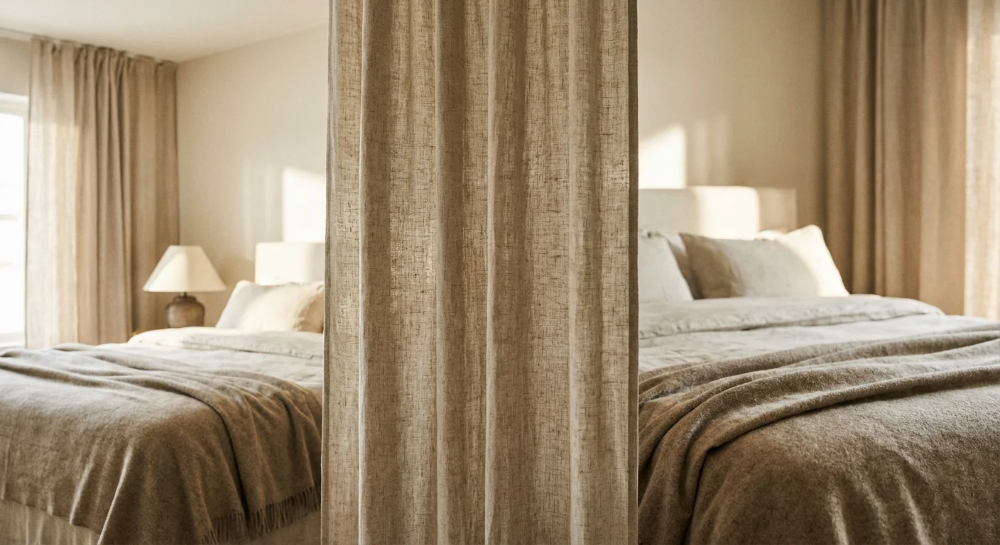 A beige linen curtain hanging from the ceiling to hide a bed in a studio apartment.