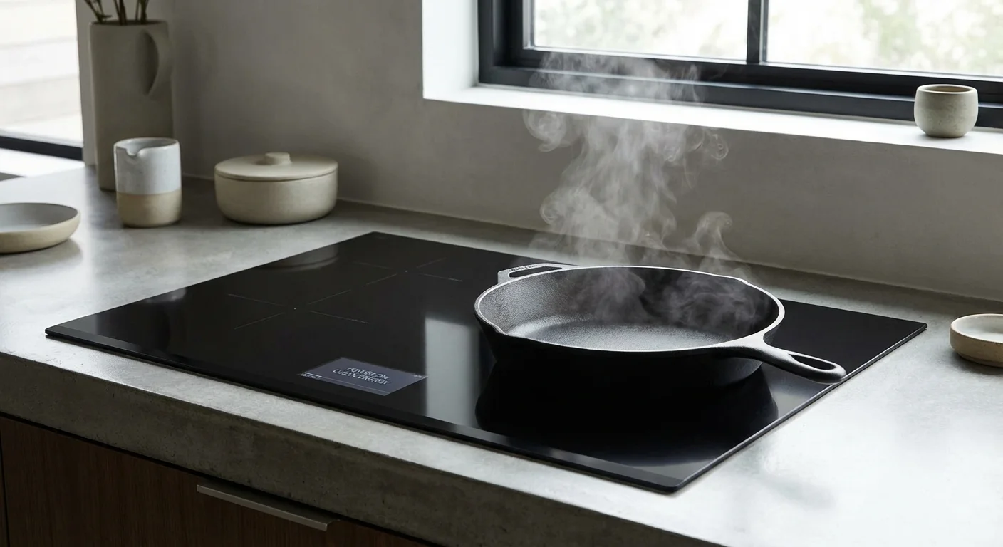 A black induction cooktop with a pan and light steam in a bright kitchen.