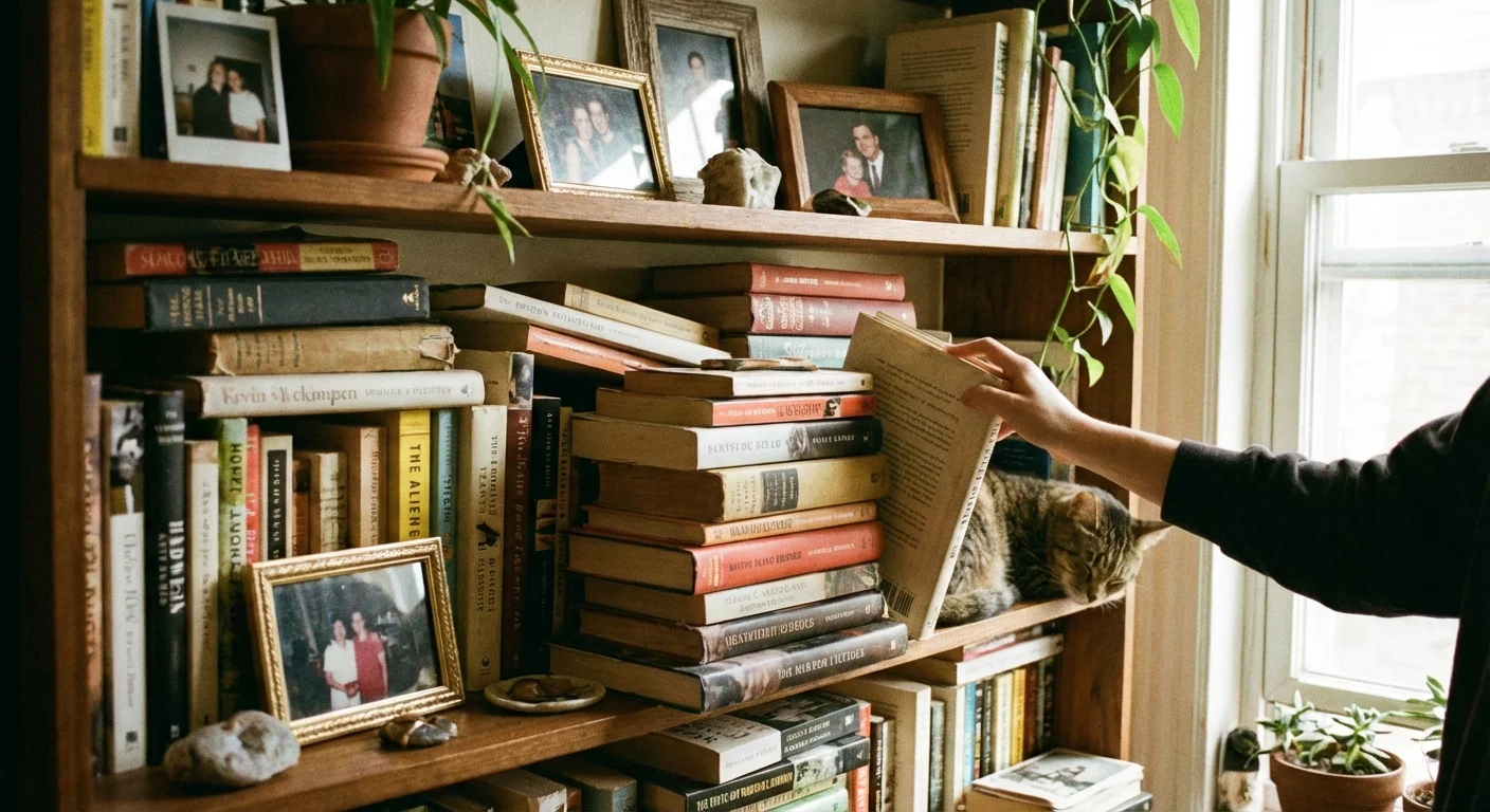 A bookshelf filled with books and personal items, looking warm and lived-in.