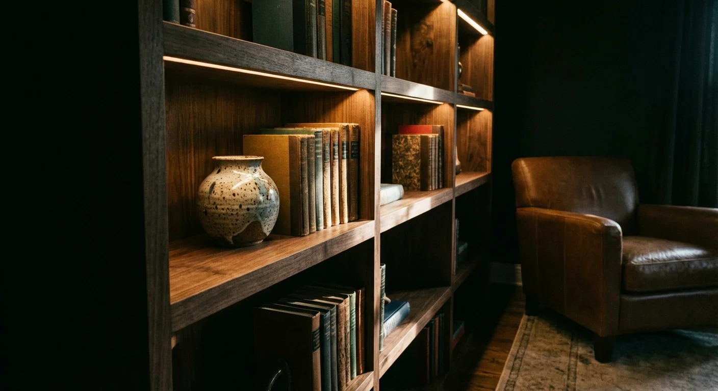 A bookshelf highlighted by small accent lights, creating depth and visual interest in a room.
