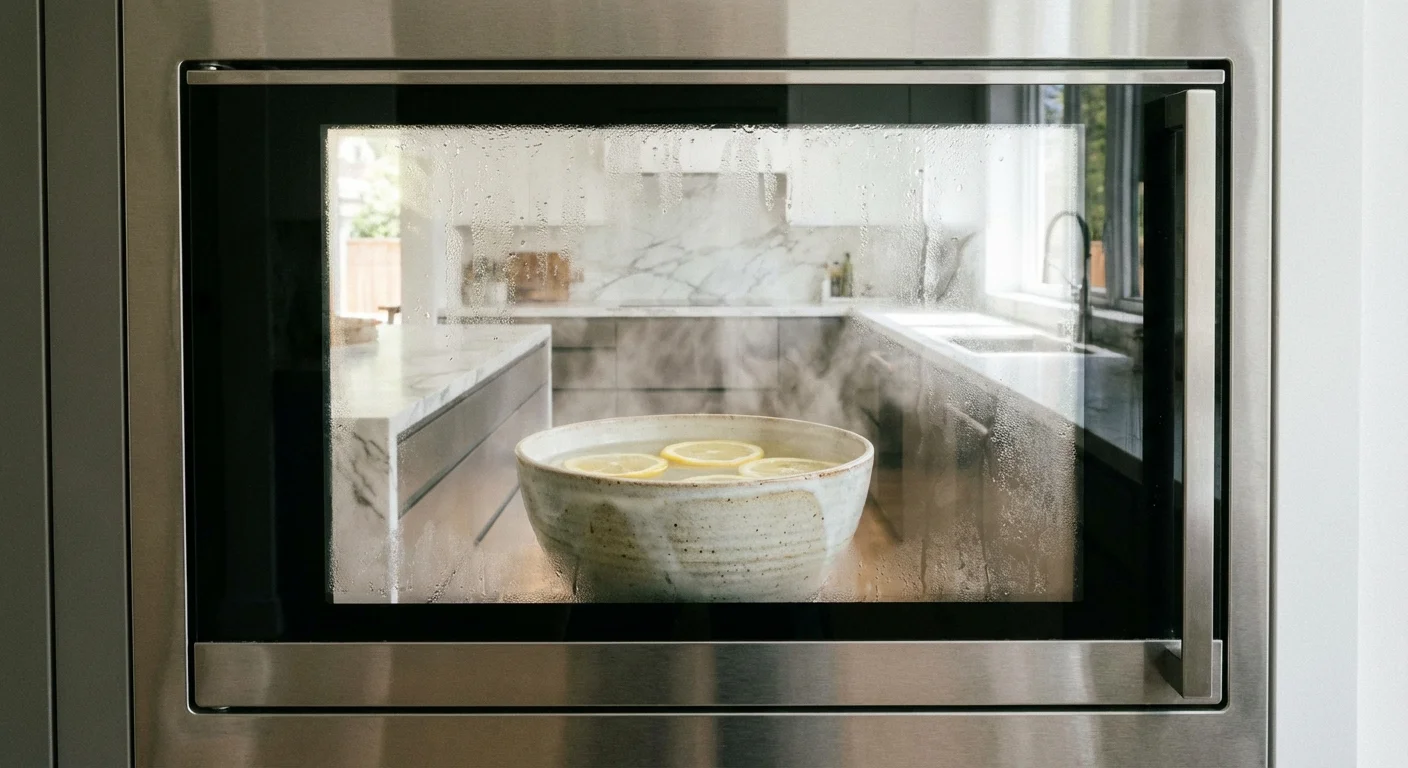 A bowl of water and lemons inside a microwave to create steam for cleaning.